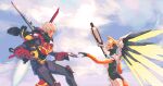  2girls absurdres apex_legends birthright_valkyrie blonde_hair bodysuit breasts brown_eyes cloud crossover energy_wings flying gloves grey_hair headwear_removed helmet helmet_removed highres holding holding_helmet holding_staff jetpack lu_xianling medium_breasts mercy_(overwatch) missile_pod multiple_girls open_hand outstretched_arm overwatch purple_bodysuit purple_gloves short_hair sky staff valkyrie_(apex_legends) white_bodysuit yellow_headwear 