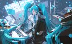  1girl absurdly_long_hair aqua_hair black_thighhighs closed_eyes closed_mouth collared_shirt commentary cube detached_sleeves hatsune_miku hatsune_miku_(nt) headphones highres instrument keyboard_(instrument) knees_up long_hair on_chair piapro sheet_music shirt sitting solo thighhighs ttk_(kirinottk) twintails very_long_hair vocaloid white_shirt wide_sleeves 