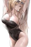  1girl absurdres armpits arms_up azur_lane bismarck_(azur_lane) black_one-piece_swimsuit blonde_hair blue_eyes breasts cleavage commentary contrapposto covered_navel cowboy_shot english_commentary eyewear_on_head hair_tie_in_mouth hands_in_hair highres jewelry large_breasts liaowen long_hair looking_to_the_side mouth_hold necklace one-piece_swimsuit simple_background solo strapless strapless_one-piece_swimsuit strapless_swimsuit sunglasses swimsuit thighs tying_hair white_background 