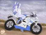  2023 5_fingers anthro big_breasts blue_hair boots breasts chest_tuft clothing digital_media_(artwork) female fingers flat_colors footwear fur ghostwolf gloves hair handwear high_heeled_boots high_heels humanoid_hands lagomorph leporid majesty_(jeremy_bernal) mammal mostly_nude motorcycle navel nipples nude outdoor_nudity outside rabbit signature smile solo tuft vehicle white_body white_fur 