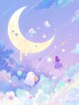  1girl :o above_clouds absurdres artist_name bow candy cloud commentary cookie crescent_moon dress english_commentary facing_away food from_behind ghost highres holding holding_food lollipop long_hair moon night night_sky original outdoors pink_bow pink_hair purple_sky short_sleeves signature sky star_(sky) star_(symbol) starry_sky swirl_lollipop white_dress yuzuki_kino 