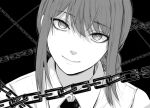  1girl black_background chain chainsaw_man commentary_request greyscale head_tilt highres long_hair makima_(chainsaw_man) monochrome portrait shirt sidelocks solo zovokia 