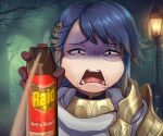  1boy aerosol alfonse_(fire_emblem) armor black_eyes blonde_hair blue_hair bug_spray evomanaphy fire_emblem fire_emblem_heroes gradient_hair highres insecticide looking_at_viewer meme multicolored_hair open_mouth short_hair spraying upper_body victor_van_dort_spraying_raid_and_screaming_(meme) 