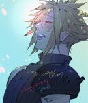  1boy armor blonde_hair blue_background blue_shirt blush character_name closed_eyes cloud_strife dated final_fantasy final_fantasy_vii hair_between_eyes happy_birthday laughing male_focus open_mouth shirt short_hair shoulder_armor signature sketch sleeveless sleeveless_turtleneck smile solo spiked_hair turtleneck upper_body wakakusa-e 