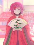  1girl artist_name closed_mouth commentary dated doki_doki_literature_club doll feet_out_of_frame folding_fan furisode hair_ornament hair_ribbon hand_fan highres hina_ningyou hinamatsuri holding holding_fan japanese_clothes kimono leguma long_sleeves looking_at_viewer natsuki_(doki_doki_literature_club) own_hands_together pink_eyes pink_hair red_kimono red_ribbon ribbon shelf short_hair signature smile solo swept_bangs tree_print twitter_username two_side_up wide_sleeves x_hair_ornament 