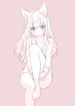  1girl animal_ear_fluff animal_ears barefoot blush cat_ears collared_shirt foot_out_of_frame highres knee_up long_hair long_sleeves monochrome mutou_mato naked_shirt original purple_eyes shirt simple_background solo spot_color toes 