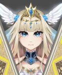  1girl bare_shoulders blue_eyes blue_gemstone breasts character_request cleavage closed_mouth eyelashes frown gem head_wings light_brown_hair long_hair mibuchi nostrils orphans_order solo sparkle tiara upper_body white_wings wings 