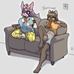  anthro beheleaf big_breasts breasts clothed clothing collar digital_media_(artwork) domestic_cat duo eating english_text felid feline felis female food fur furniture hair hi_res lagomorph leporid mammal minna_(beheleaf) open_mouth pajama_pants pajamas panties pasta rabbit simple_background smile spaghetti tail text underwear 