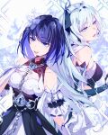  2girls absurdres aer007580 bare_shoulders blue_eyes blue_hair breasts chain hair_ornament hand_on_own_chest highres honkai_(series) honkai_impact_3rd lock long_hair medium_breasts microphone multiple_girls open_mouth purple_eyes purple_hair seele_vollerei seele_vollerei_(stygian_nymph) shigure_kira short_hair sideboob small_breasts 