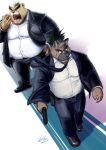  anthro ashigara bear belly brown_body brown_fur canid canine canis clothing domestic_dog duo eyebrows fur gun handgun hikoero777 lifewonders male mammal necktie open_mouth overweight pistol ranged_weapon scar suit thick_eyebrows tokyo_afterschool_summoners weapon yasuyori yawn 