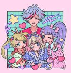  1boy 3girls :d amauri_miruki blonde_hair blue_eyes blue_hair blunt_bangs blush bow collared_dress commentary dress fang frilled_dress frills frown hair_bow hair_ornament hair_ribbon hand_up heart idol_land_pripara kiratto_pri_chan long_hair long_sleeves looking_at_viewer manaka_non moegi_emo multicolored_hair multiple_girls one_eye_closed ooedo_shinya open_mouth pastel_colors pink_bow pink_dress pink_hair pink_shirt pretty_(series) pripara puffy_short_sleeves puffy_sleeves purple_eyes purple_hair purple_ribbon ribbon rituyama1 shirt short_hair short_sleeves side_ponytail sidelocks smile star_(symbol) star_hair_ornament streaked_hair sweatdrop symbol-only_commentary twintails upper_body v waccha_primagi! white_shirt 