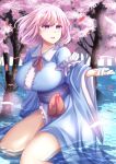  1girl blue_kimono breasts cherry_blossoms commentary_request frilled_kimono frills highres japanese_clothes kimono large_breasts long_sleeves mirufui no_headwear open_mouth outdoors pink_eyes pink_hair saigyouji_yuyuko short_hair sitting solo touhou wading wide_sleeves 