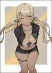  1girl ;) absurdres arms_behind_back belt black_belt black_jacket black_ribbon black_shorts blonde_hair breasts bustier collared_jacket cutoffs dark-skinned_female dark_skin downblouse grin gyaru hair_ornament hair_ribbon highres jacket jewelry kaminari_qpi leaning_forward lightning_bolt_symbol long_hair long_sleeves looking_at_viewer low_twintails masato_(mirai_koubou) medium_breasts navel necklace o-ring o-ring_thigh_strap official_alternate_costume one_eye_closed open_clothes open_jacket orange_eyes parted_lips ribbon shirt shorts side-tie_shorts smile solo strapless swept_bangs thigh_strap thighs tooth_necklace twintails very_long_hair virtual_youtuber vspo! white_shirt x_hair_ornament 