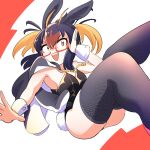  1girl animal_ears black_hair blonde_hair fishnet_thighhighs fishnets glasses highres hood hoodie kemono_friends leotard long_hair looking_at_viewer mcgunngu multicolored_hair open_mouth penguin_girl playboy_bunny rabbit_ears rabbit_tail red_eyes red_hair rockhopper_penguin_(kemono_friends) simple_background solo tail thighhighs 