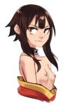  1girl arms_at_sides bare_shoulders black_choker blush breasts breasts_out brown_hair choker closed_mouth commentary cropped_torso dress english_commentary from_side javehorny kono_subarashii_sekai_ni_shukufuku_wo! light_blush light_smile looking_at_viewer megumin naughty_face nipples no_bra off-shoulder_dress off_shoulder red_dress red_eyes short_hair short_hair_with_long_locks simple_background small_breasts smile smirk solo upper_body v-shaped_eyebrows 