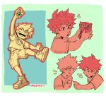  ! !! 2boys aged_down artist_name bakugou_katsuki blush boku_no_hero_academia child chips_(food) closed_eyes commentary english_commentary food freckles full_body green_background habkart highres holding holding_food male_child male_focus midoriya_izuku monochrome multiple_boys multiple_views open_mouth potato_chips shirt shoes short_hair short_sleeves shorts simple_background smile spiked_hair standing standing_on_one_leg t-shirt teeth 