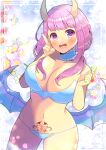  1girl :d bare_arms bare_shoulders bikini blue_bikini blue_wings blurry blurry_background blush breasts cleavage commentary_request commission depth_of_field flower hands_up heart heart-shaped_pupils horns kou_hiyoyo large_breasts long_hair looking_at_viewer low_wings navel original pink_flower pink_hair pubic_tattoo purple_eyes red_flower skeb_commission smile solo swimsuit symbol-shaped_pupils tattoo teeth thighhighs upper_teeth_only v white_flower white_thighhighs wings 