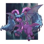  1girl blue_hair colored_skin crobat flying furry furry_female fusion grin highres looking_at_viewer lopunny multiple_wings napalm_express pokemon pokemon_(game) pokemon_infinite_fusion purple_skin red_eyes smile solo wings 