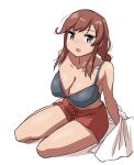  1girl bikini black_bikini braid breasts brown_hair cleavage grey_eyes kantai_collection large_breasts noshiro_(kancolle) official_alternate_costume red_shorts shirt_removed shorts simple_background sitting solo swept_bangs swimsuit tamu_(mad_works) twin_braids white_background yokozuwari 