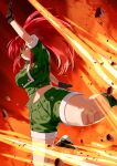  1girl black_gloves boots combat_boots dark_persona explosion gloves glowing glowing_eyes green_jacket green_shorts highres jacket leona_heidern orochi_leona ponytail red_hair shorts soldier solo suspenders the_king_of_fighters yagi2013 yellow_eyes 