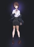  ananke_7 asymmetrical_hair asymmetrical_sidelocks black_jacket black_skirt black_socks brown_eyes brown_footwear brown_hair hair_ribbon highres iwakura_lain jacket loafers looking_at_viewer off_shoulder red_ribbon ribbon school_uniform serial_experiments_lain shirt shoes simple_background skirt socks standing white_shirt 