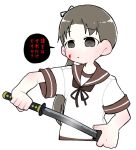  1girl ayanami_(kancolle) blood blood_on_face brown_hair brown_sailor_collar commentary_request cropped_torso kantai_collection katana long_hair sailor_collar scabbard school_uniform serafuku sheath side_ponytail simple_background solo sword translation_request tsubutarou unsheathing weapon white_background 