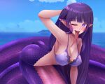  1girl bangs bikini blush breasts cleavage genshin_impact happy lamia large_breasts long_hair looking_at_viewer monster_girl monsterification open_mouth pointy_ears purple_bikini purple_eyes purple_hair raiden_shogun scales smile solo swimsuit tongue tongue_out very_long_hair zerorespect_bot 