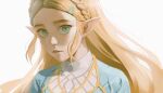  1girl blonde_hair blue_shirt braid crown_braid french_braid gold_trim green_eyes hair_ornament hairclip jerryfish1124 long_hair looking_at_viewer multicolored_clothes multicolored_shirt pointy_ears princess_zelda shirt solo the_legend_of_zelda the_legend_of_zelda:_breath_of_the_wild white_shirt 