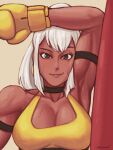  1girl arm_up armpits biceps black_choker black_eyes borrowed_character boxing_gloves breasts choker cleavage covered_nipples gloves highres large_breasts long_hair looking_at_viewer mia_(scott_malin) notgunn original ponytail sidelocks signature solo white_hair yellow_gloves 