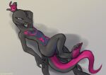  anthro black_body black_scales breasts female generation_7_pokemon hi_res looking_at_viewer lying nintendo nipples non-mammal_breasts non-mammal_nipples nude on_back pink_body pink_scales pokemon pokemon_(species) reptile salazzle scales scalie sealer4258 simple_background small_breasts solo 