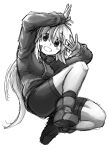  1girl arm_up bike_shorts commentary_request full_body greyscale grin hair_between_eyes hand_up highres jacket koshirae_tsurugi long_hair long_sleeves looking_at_viewer m.m monochrome original shoe_soles shoes short_shorts shorts simple_background sketch sleeves_past_wrists smile socks solo track_jacket very_long_hair white_background 