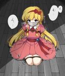  1girl blonde_hair blue_eyes bound bow breasts castlevania castlevania:_rondo_of_blood cloth_gag commentary_request dress full_body gag gagged hairband heavy_breathing highres improvised_gag large_breasts long_hair low_twintails maria_renard mushi_(insect_3) over_the_nose_gag pink_dress red_bow red_hairband seiza sitting solo tied_up_(nonsexual) translation_request twintails very_long_hair wooden_floor 