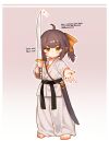  ahoge barefoot belt black_belt blush brown_hair child chinese_commentary chromatic_aberration closed_mouth commentary_request dougi english_text female_child full_body gradient_background highres holding holding_sword holding_weapon japanese_clothes kimono kuma-bound looking_at_viewer original outline pants reaching reaching_towards_viewer sheath short_hair side_ponytail sparkle split_mouth standing sword toes weapon white_kimono white_outline white_pants yellow_eyes 