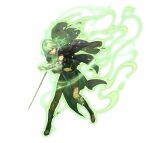  1girl aura black_coat boots breasts brooch byleth_(female)_(fire_emblem) byleth_(fire_emblem) clenched_teeth coat damaged enlightened_byleth_(female) fire_emblem fire_emblem:_three_houses fire_emblem_heroes fire_emblem_warriors:_three_hopes glowing green_eyes green_hair hidari_(left_side) high_heel_boots high_heels holding holding_sword holding_weapon jewelry long_coat medium_breasts medium_hair midriff official_art one_eye_closed pantyhose possessed sword teeth weapon wrist_guards 