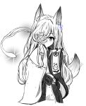  1girl animal_ears azur_lane covering_mouth fox_ears fox_girl fox_tail gloves hair_ornament hair_over_one_eye hand_over_own_mouth highres hitodama holding holding_paper kasumi_(azur_lane) kuji-in long_sleeves looking_at_viewer lythdraws monochrome paper solo tail wide_sleeves 