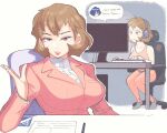  1girl breasts brown_eyes brown_hair chair cleavage computer desk english_text headphones headset inkerton-kun jacket keyboard_(computer) large_breasts long_sleeves multiple_views persona persona_3 short_hair sitting toriumi_isako yuuki_makoto 