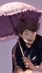  1boy adidas ahoge artist_name brown_hair closed_eyes haikyuu!! hokoodo holding holding_umbrella hood hood_down hoodie oikawa_tooru_(haikyuu!!) simple_background smile solo umbrella 