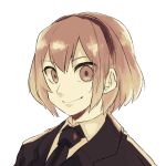  black_jacket black_necktie brown_hair brown_hairband closed_mouth collared_shirt commentary_request hairband jacket lobotomy_corporation malkuth_(project_moon) necktie pale_skin portrait project_moon shirt short_hair simple_background smile sumuna_sunaco white_background white_shirt 