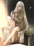  1girl bare_legs barefoot brushing_hair closed_mouth collared_shirt commentary_request falling_leaves fujiwara_no_mokou full_body grey_shirt hair_brush highres holding_hair_brush knee_up leaf long_hair long_sleeves looking_at_viewer mokoiscat no_hair_bow no_pants porch red_eyes shirt signature sitting solo touhou very_long_hair 