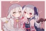  2girls angel angel_wings black_wings blush border choker closed_mouth demon demon_girl demon_horns expressionless grey_eyes halo highres horns long_hair looking_at_viewer melting_wings multiple_girls nig_18 open_mouth original oversized_clothes pink_background red_eyes twintails white_border white_hair wings 