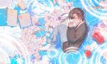  1boy artem_wing_(tears_of_themis) book brown_hair cherry_blossoms closed_eyes closed_mouth from_above full_body highres long_sleeves lying male_focus on_side pajamas sex short_hair socks solo tears_of_themis tubayran white_socks 