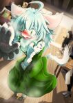  1girl absurdres against_wall ahoge animal_ears animal_hands animal_nose arm_up between_legs blue_hair blurry blurry_background blush body_fur breath brown_footwear cat_ears cat_girl cat_tail claws colored_eyelashes commentary_request constricted_pupils day dress dutch_angle embarrassed fangs full_body furry furry_female green_dress green_eyes hair_tie hand_between_legs have_to_pee highres indoors leaning_forward long_hair long_sleeves matatabi_shimono neck_fur nose_blush open_mouth original outline pawpads pee peeing peeing_self pigeon-toed pinafore_dress puddle raised_eyebrows restaurant sharp_teeth shirt shoes sidelocks sleeveless sleeveless_dress solo_focus standing steam tail tears teeth wavy_mouth wet wet_clothes wet_dress wet_shirt whiskers white_fur white_outline white_shirt wooden_floor 