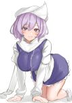  1girl absurdres all_fours bare_legs blush breasts highres kuraki large_breasts letty_whiterock long_sleeves looking_at_viewer purple_eyes purple_hair scarf shirt simple_background smile solo touhou white_background white_scarf white_shirt 