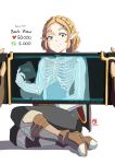  1boy 1girl automatic_giraffe blonde_hair blush boots braid cape english_commentary fingerless_gloves gloves green_eyes handheld_game_console heart_(organ) highres holding holding_handheld_game_console like_and_retweet link long_sleeves looking_at_viewer lungs medium_hair nintendo_switch organs pointy_ears pov princess_zelda sheikah_slate simple_background skeleton smile stomach the_legend_of_zelda the_legend_of_zelda:_breath_of_the_wild the_legend_of_zelda:_tears_of_the_kingdom white_background x-ray 