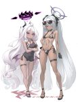  2girls absurdres b-pang bikini black_bikini black_footwear black_gloves black_horns black_one-piece_swimsuit blue_archive breasts crossed_arms eyewear_on_head full_body gloves grey_hair hair_between_eyes hair_over_one_eye halo hand_on_own_hip height_difference highres hina_(blue_archive) hina_(swimsuit)_(blue_archive) horns iori_(blue_archive) iori_(swimsuit)_(blue_archive) long_hair looking_at_viewer medium_breasts multiple_girls official_alternate_costume one-piece_swimsuit red_eyes sandals simple_background small_breasts standing sunglasses swimsuit thighhighs twintails very_long_hair white_background white_hair 