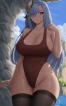  1girl alternate_costume ass_visible_through_thighs black_thighhighs blush breasts brown_one-piece_swimsuit cleavage closed_mouth collarbone covered_navel cowboy_shot genshin_impact green_eyes grey_hair hair_ornament hand_up highres large_breasts long_hair looking_at_viewer one-piece_swimsuit outdoors shenhe_(genshin_impact) skindentation smile solo swimsuit thigh_gap thighhighs thighs twitter_username wide_hips zaphn 