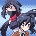  2girls ayame_(gundam_build_divers) black_hair breasts commentary_request dual_persona fujisawa_aya_(gundam_build_divers) gundam gundam_build_divers hizaki_tomoko long_hair mask medium_breasts mouth_mask multiple_girls ninja ninja_mask purple_eyes red_scarf scarf school_uniform side_ponytail smile split_ponytail upper_body 