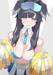  1girl absurdres animal_ears black_hair blue_archive blush bodypaint breasts bright_pupils cleavage collarbone dog_ears facepaint goggles goggles_on_head gosugasu hibiki_(blue_archive) hibiki_(cheer_squad)_(blue_archive) highres holding holding_pom_poms large_breasts looking_at_viewer navel official_alternate_costume pleated_skirt pom_pom_(cheerleading) sidelocks skirt solo sports_bra star_(symbol) stomach two-tone_sports_bra white_pupils 