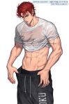  1boy abs black_male_underwear black_pants clothes_lift clothes_pull large_pectorals leviejzn male_focus male_underwear male_underwear_peek muscular muscular_male navel open_mouth pants pants_pull pectorals red_hair sakuragi_hanamichi see-through shirt shirt_lift short_hair simple_background slam_dunk_(series) solo translation_request underwear wet wet_clothes wet_hair wet_pants white_background 