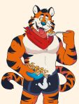  absurd_res cereal dairy_products dripping eating felid fluffy food frosted_flakes hi_res kellogg&#039;s male mammal mascot muscular muscular_male naaidden neckerchief pantherine pecs solo spilling suggestive suggestive_look tiger tongue tongue_out tony_the_tiger 